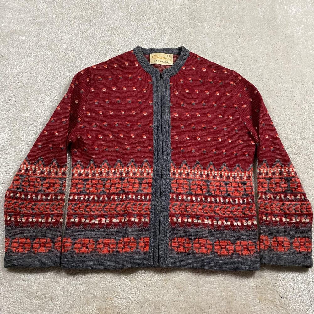 VTG Catalina Sweater Cardigan Womens 36 Red Fair Isle Jacquard Knit Full Zip 70s